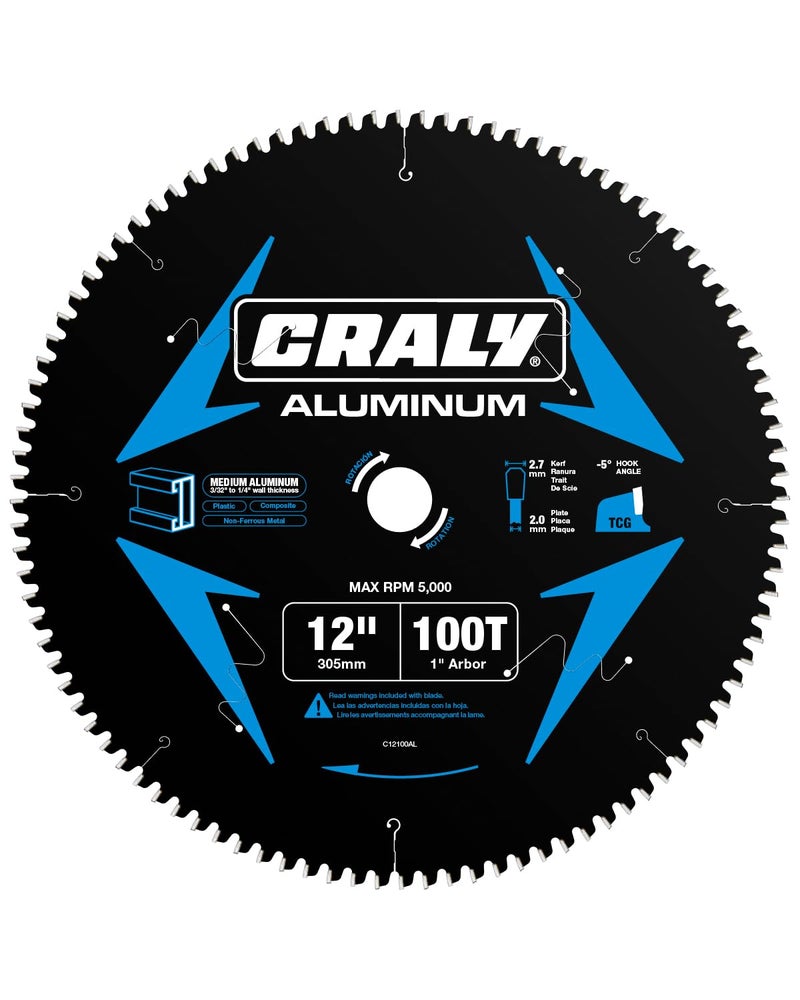 CRALY 12 Inch 100 Teeth Aluminum and Non-Ferrous Metal Cutting Circular Saw Blade, 1 Inch Arbor, Carbide Tipped, Thin Kerf, Black Ice™ Coating, for Medium Aluminum, Plastic, Composite(C12100AL) - Image 1